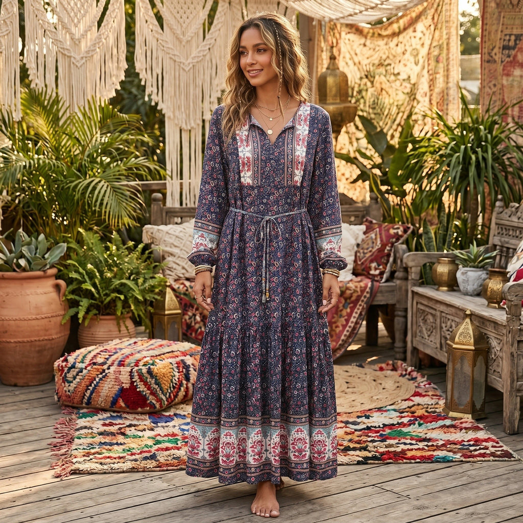 Boho Floral Maxi Dress with Long Sleeves
