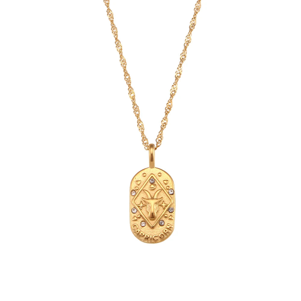 Zodiac Tag Pendant Necklace — 18K Gold Embossed Star Sign