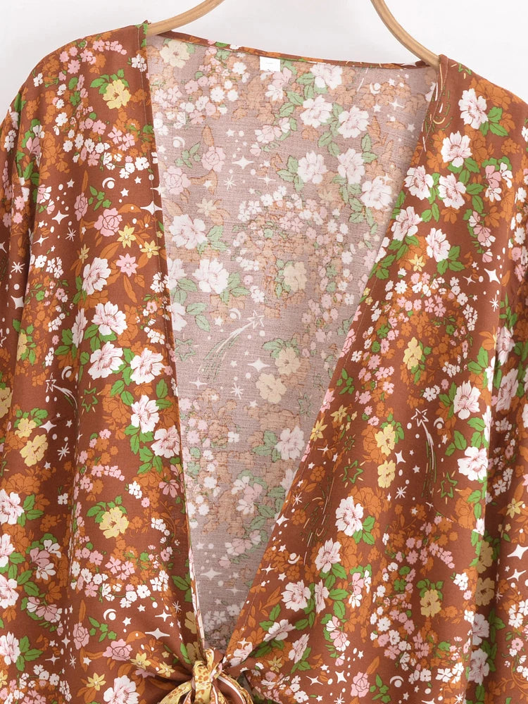 Floral Flare-Sleeve Boho Kimono Cardigan