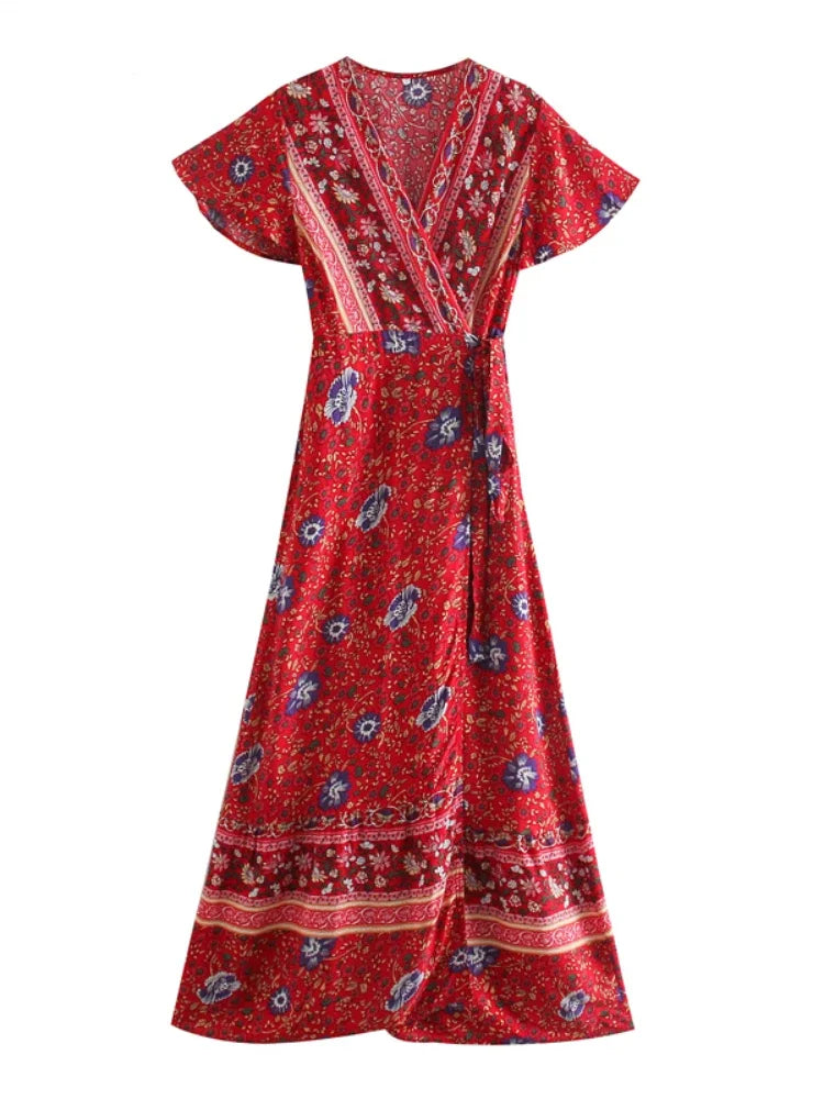 Floral Batwing Sleeve Boho Maxi Dress