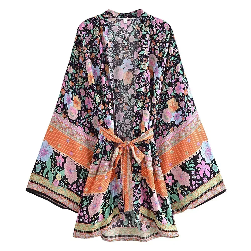 Boho Pastel Fantasy Floral Short Kimono Robe