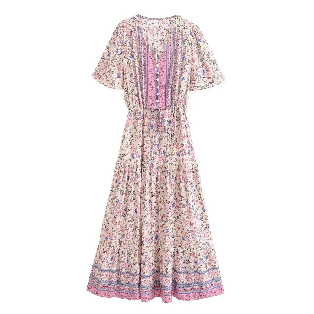 Boho Floral Button V-Neck Ruffle Sleeve Maxi Dress