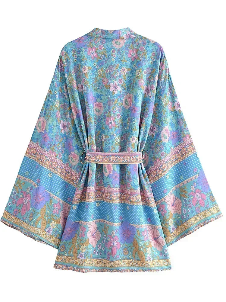 Boho Pastel Fantasy Floral Short Kimono Robe