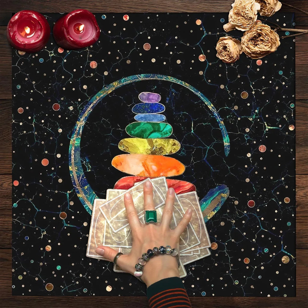 Chakra Crystal Tower Altar Cloth — Spiritual Energy Grid Tarot Mat