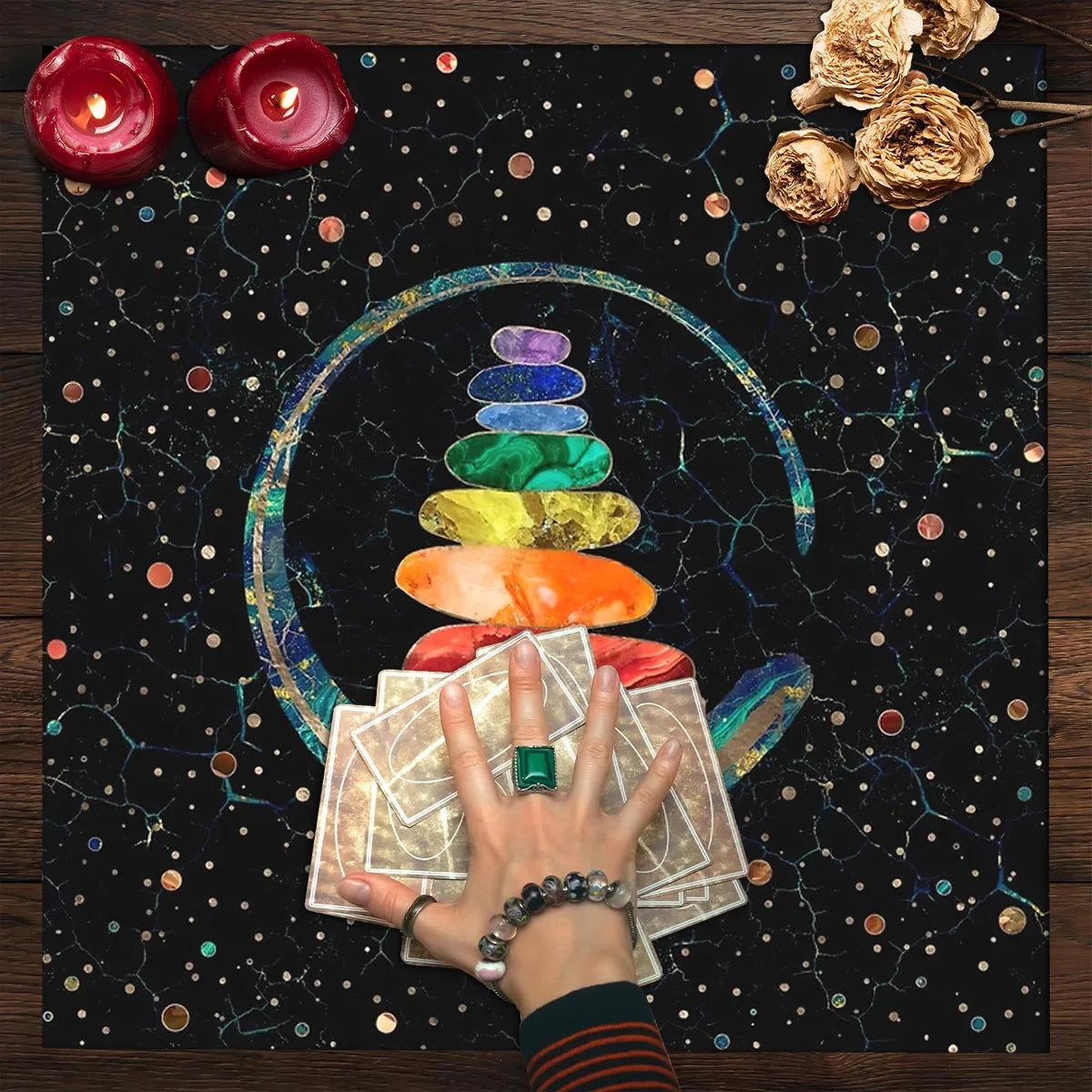 Chakra Crystal Tower Altar Cloth — Spiritual Energy Grid Tarot Mat