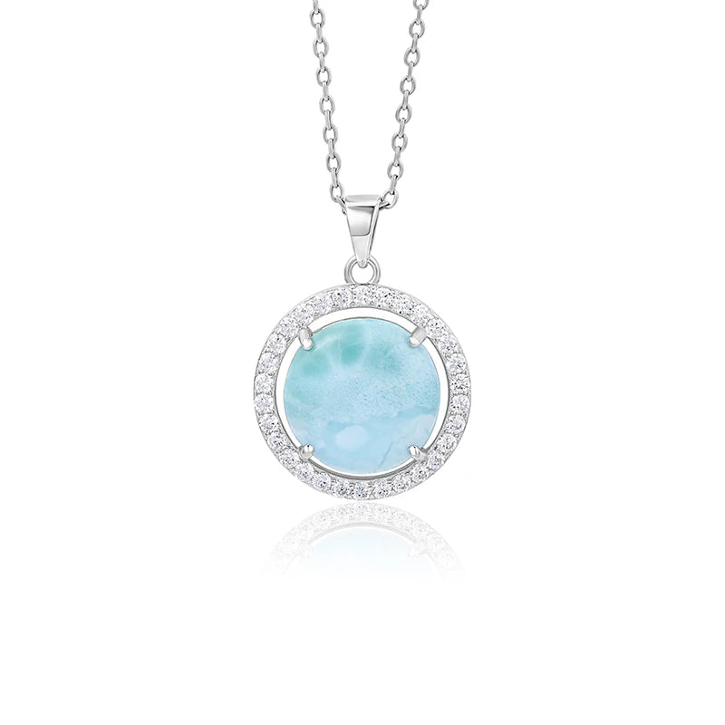 Larimar Halo Pendant Necklace in 925 Sterling Silver