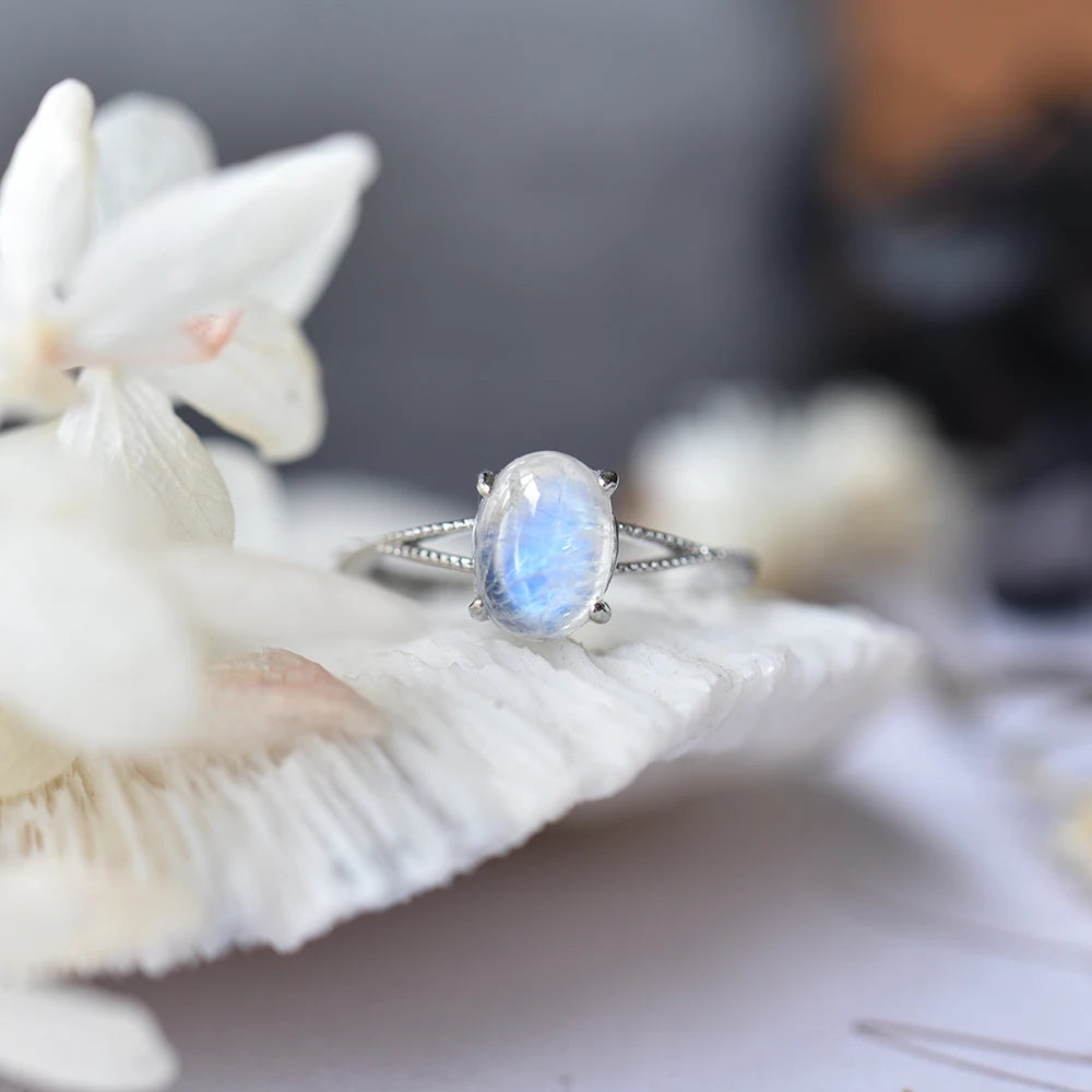 Oval Moonstone Ring – Platinum-Plated Open Band, Adjustable