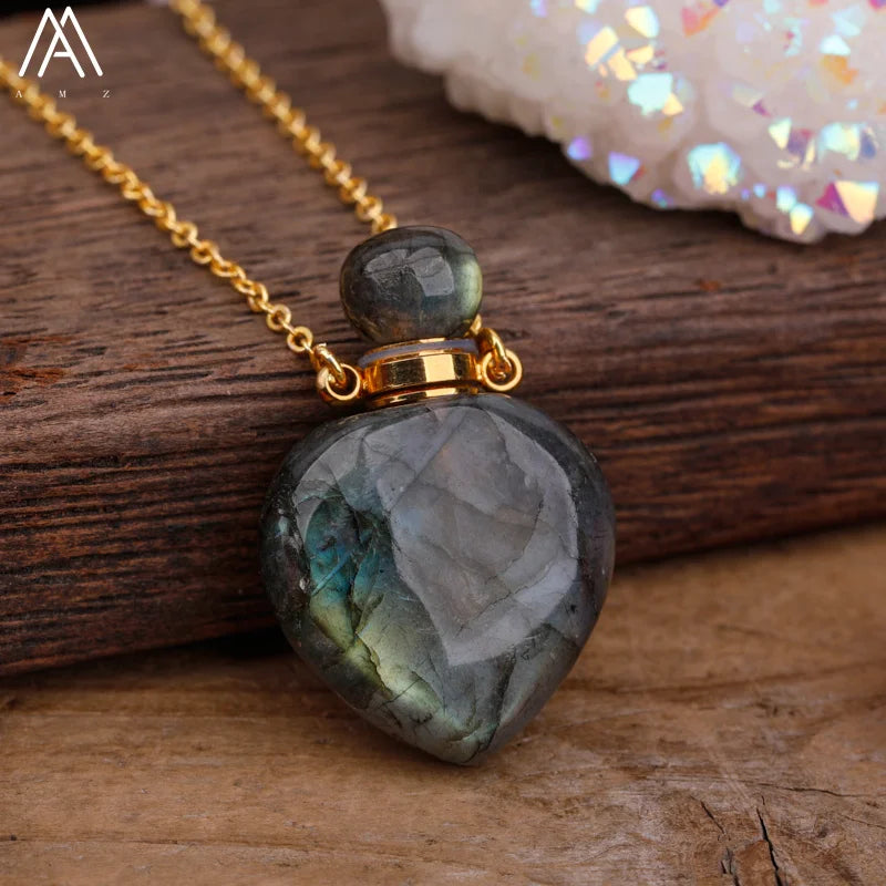 Natural Gemstone Perfume Bottle Pendant Necklace — Crystal Healing Jewelry