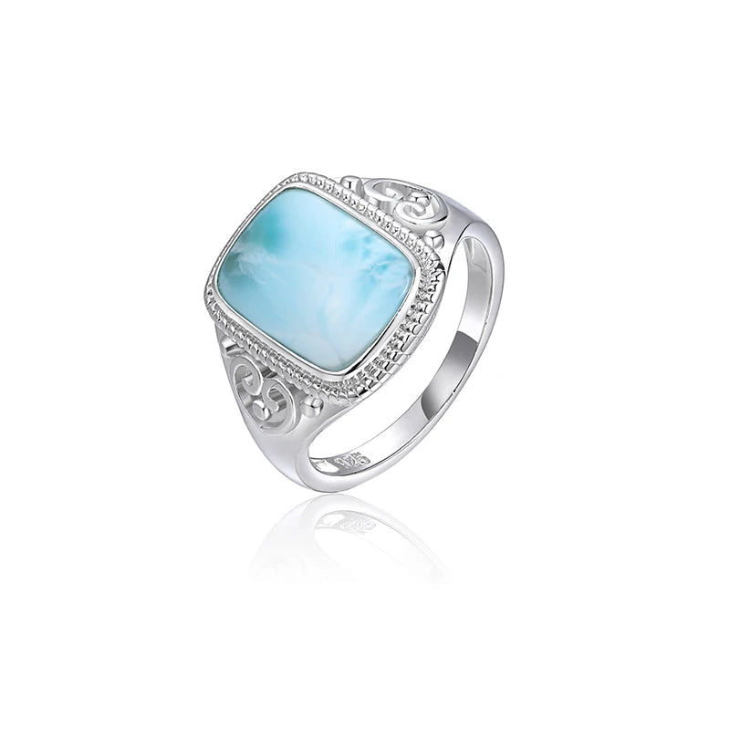 Larimar Cushion Cut Ring, Ornate Silver Frame