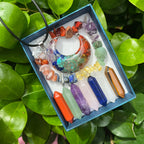 9-Piece Pointed Crystal Chakra Healing Set | Hexagonal Gemstone Wands in Gift Box
