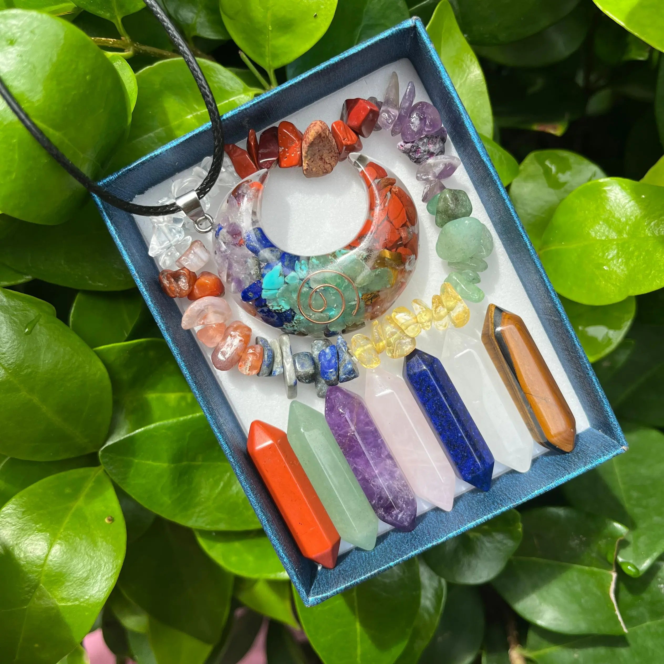 9-Piece Pointed Crystal Chakra Healing Set | Hexagonal Gemstone Wands in Gift Box