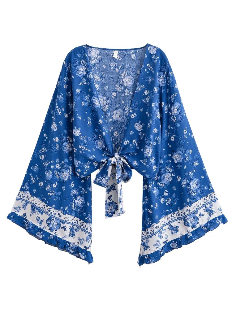 Floral Rayon Ruffle-Sleeve Boho Kimono