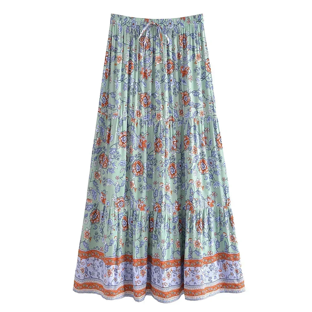 Floral Pleated Boho Maxi Skirt