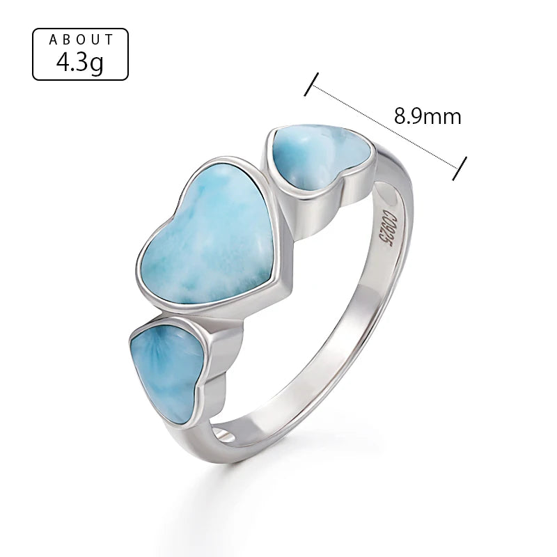 Larimar Heart & Trio 925 Sterling Silver Ring