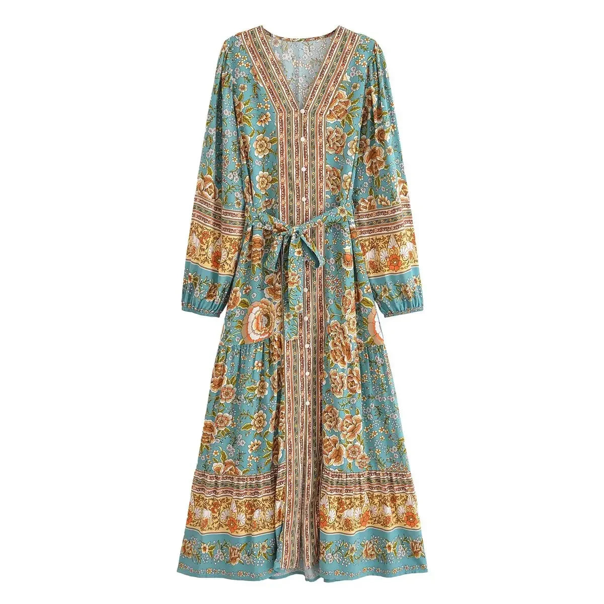 Floral Button-Front Lantern-Sleeve Boho Maxi Dress