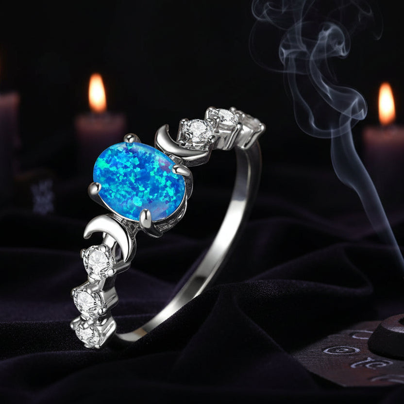 Rainbow White Fire Opal Moon Ring