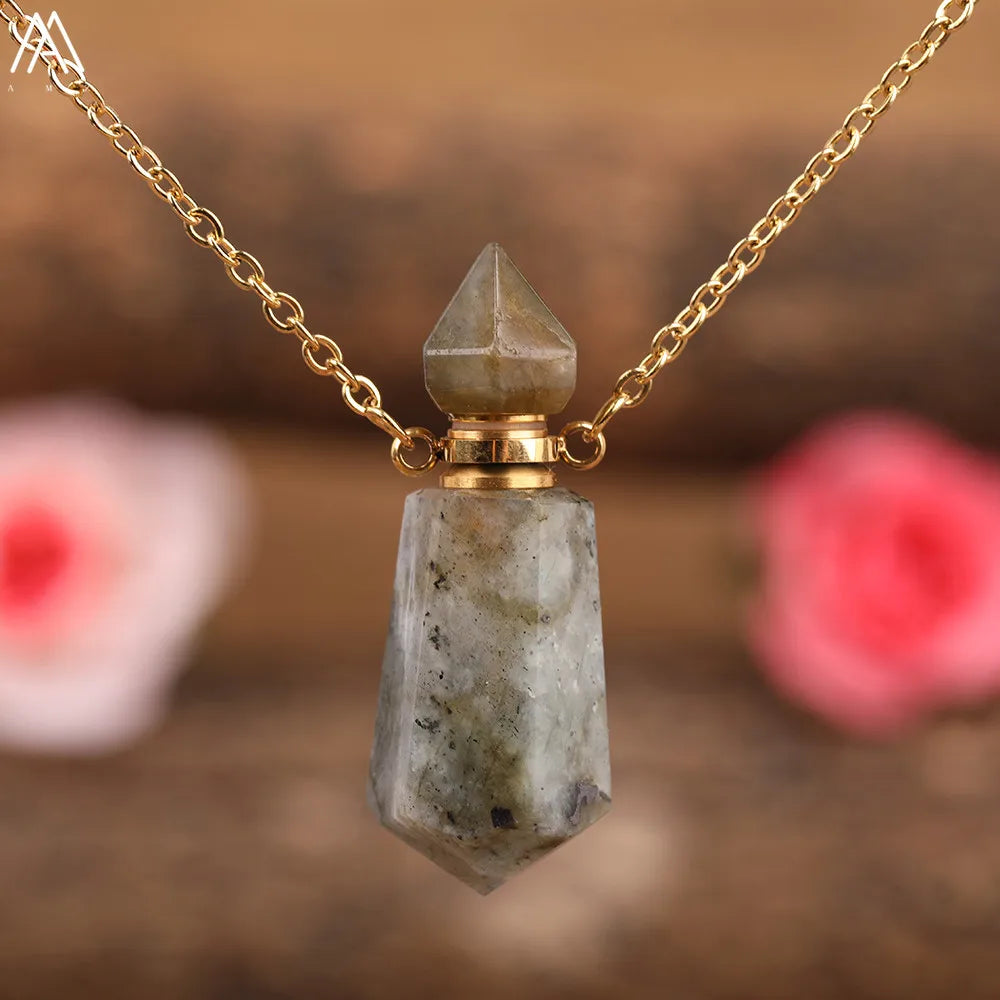 Natural Gemstone Perfume Bottle Pendant Necklace — Crystal Healing Jewelry