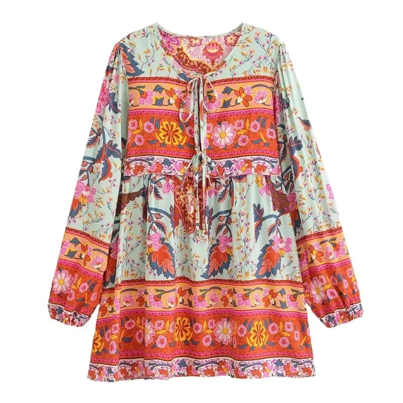 Floral Lantern Sleeve Boho Mini Dress