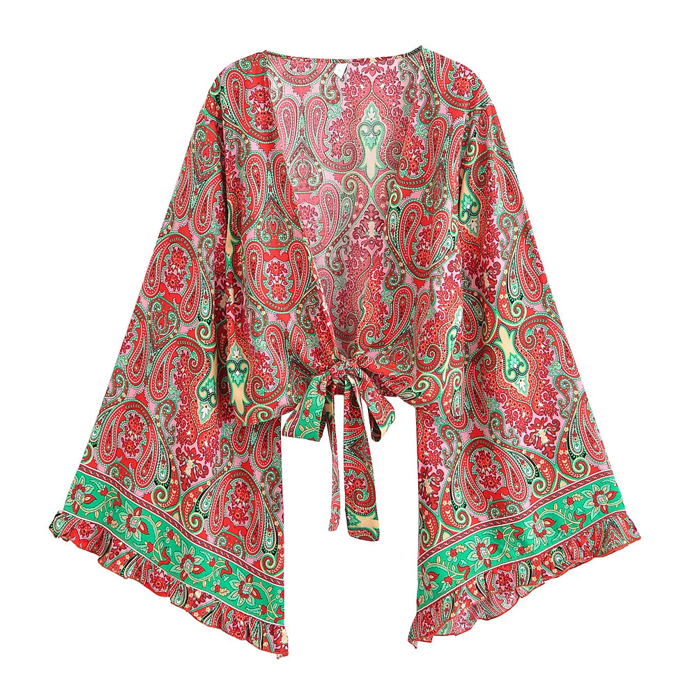 Floral Flare-Sleeve Boho Kimono Cardigan