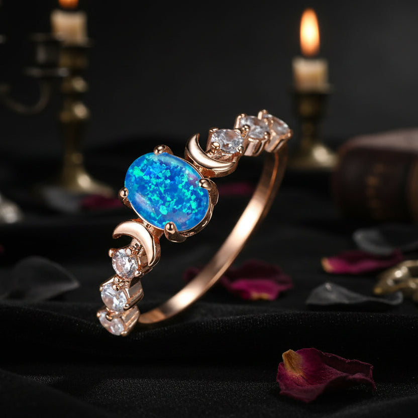 Rainbow White Fire Opal Moon Ring