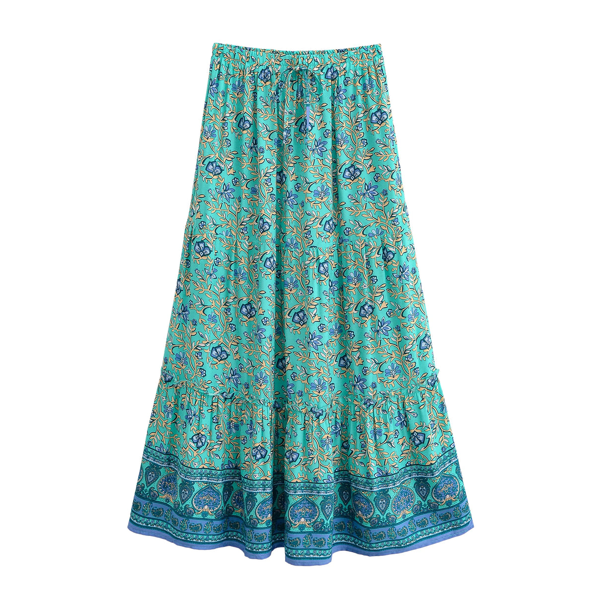 Boho Floral Pleated Maxi Skirt with Pockets