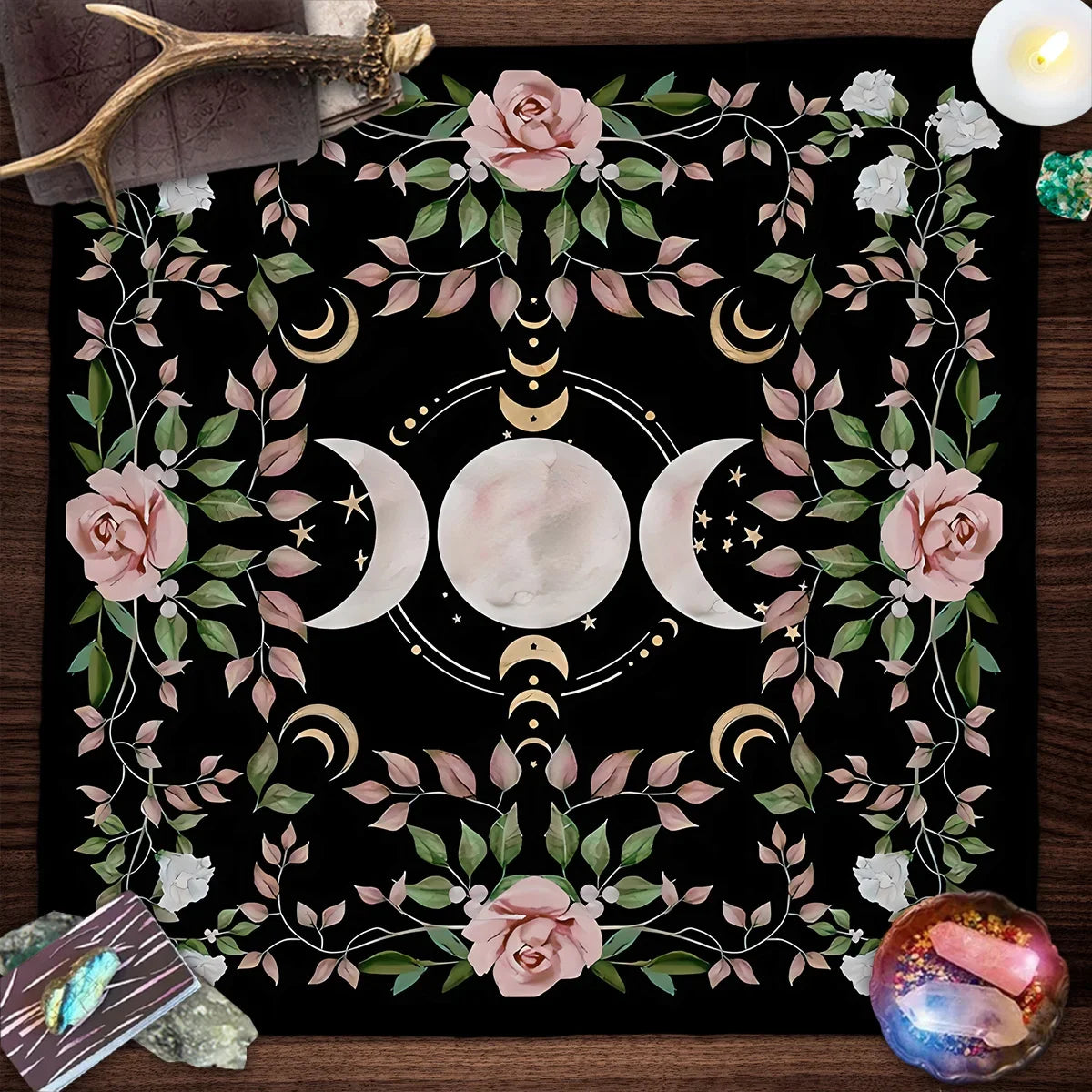 Tree of Life & Moon Phase Altar Cloth – Sacred Geometry Tarot Spread Mat