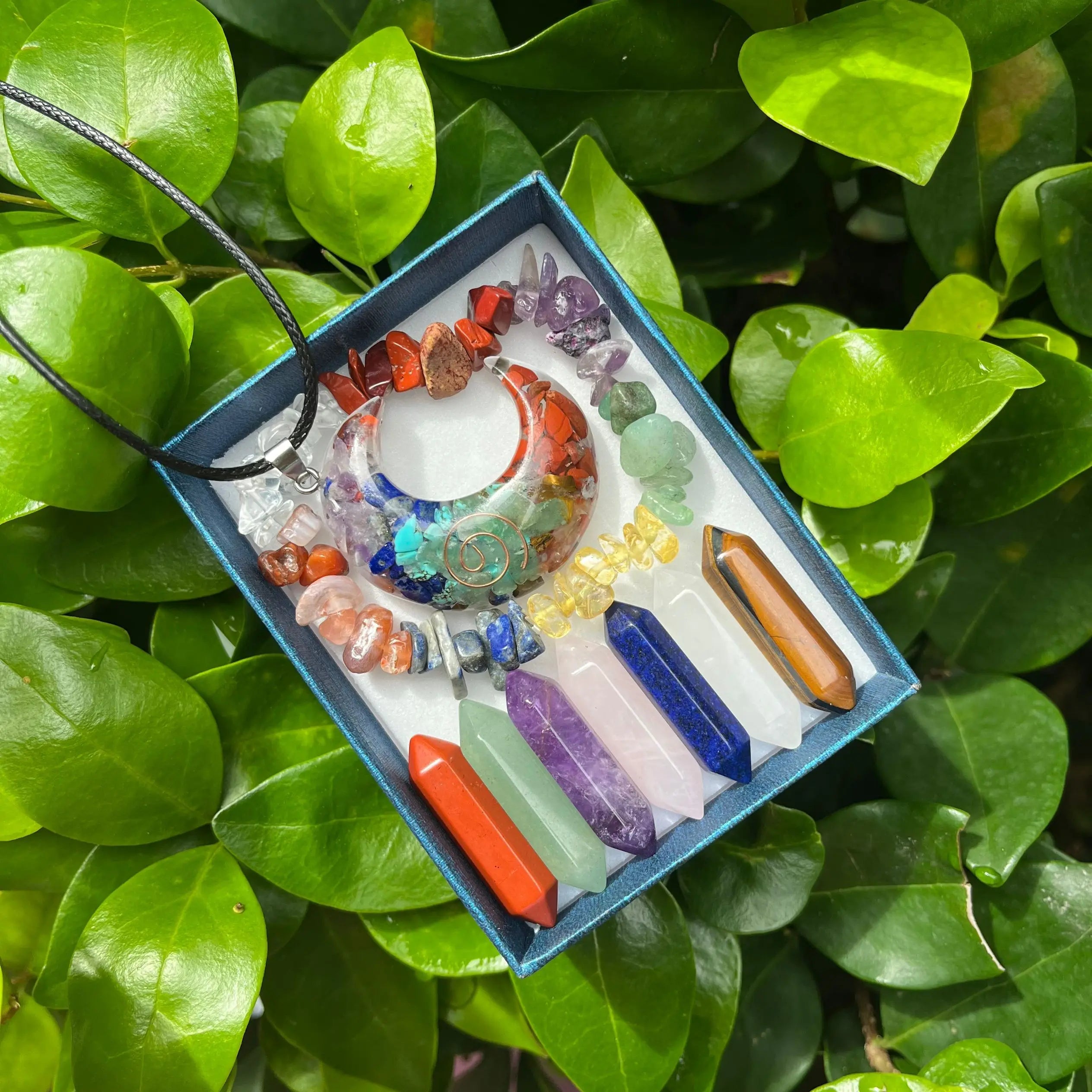 9-Piece Pointed Crystal Chakra Healing Set | Hexagonal Gemstone Wands in Gift Box