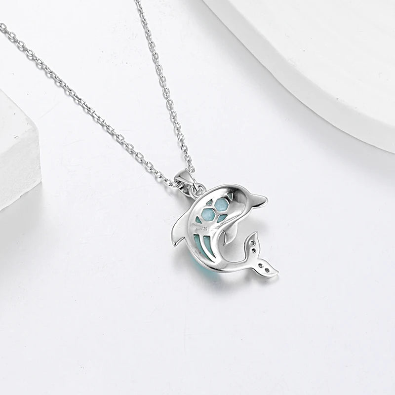 Larimar Dolphin Pendant Necklace, 925 Sterling Silver