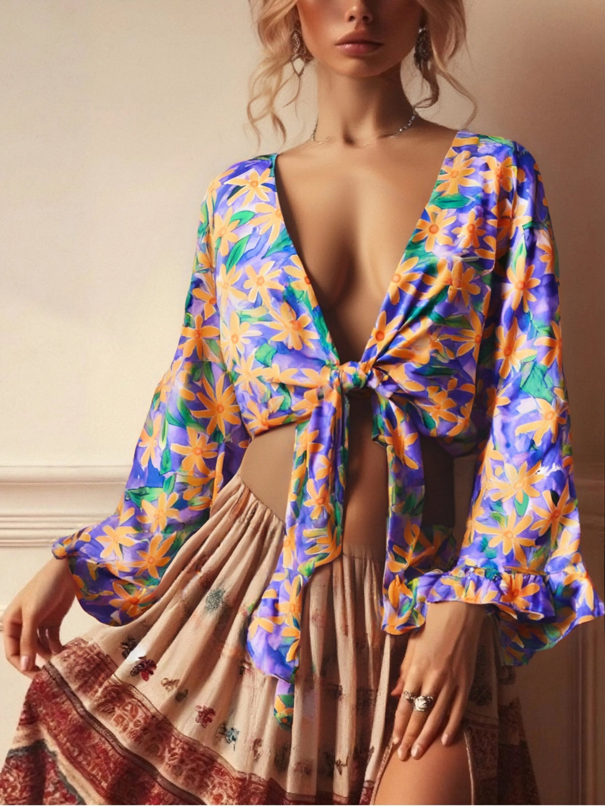 Floral Tie-Front Short Kimono Cover-Up