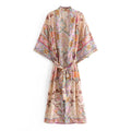 Floral Print Bat Sleeve Kimono Robe with Tassel Belt