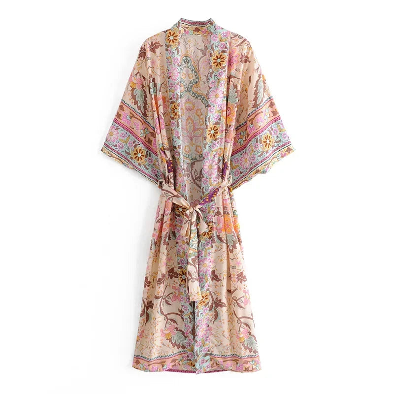 Floral Print Bat Sleeve Kimono Robe with Tassel Belt