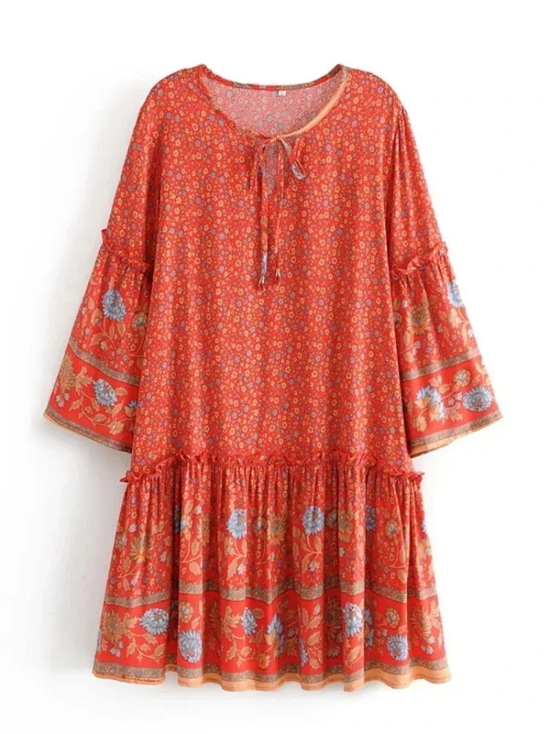 Wild Floral Tie-Neck Ruffle Boho Mini Dress