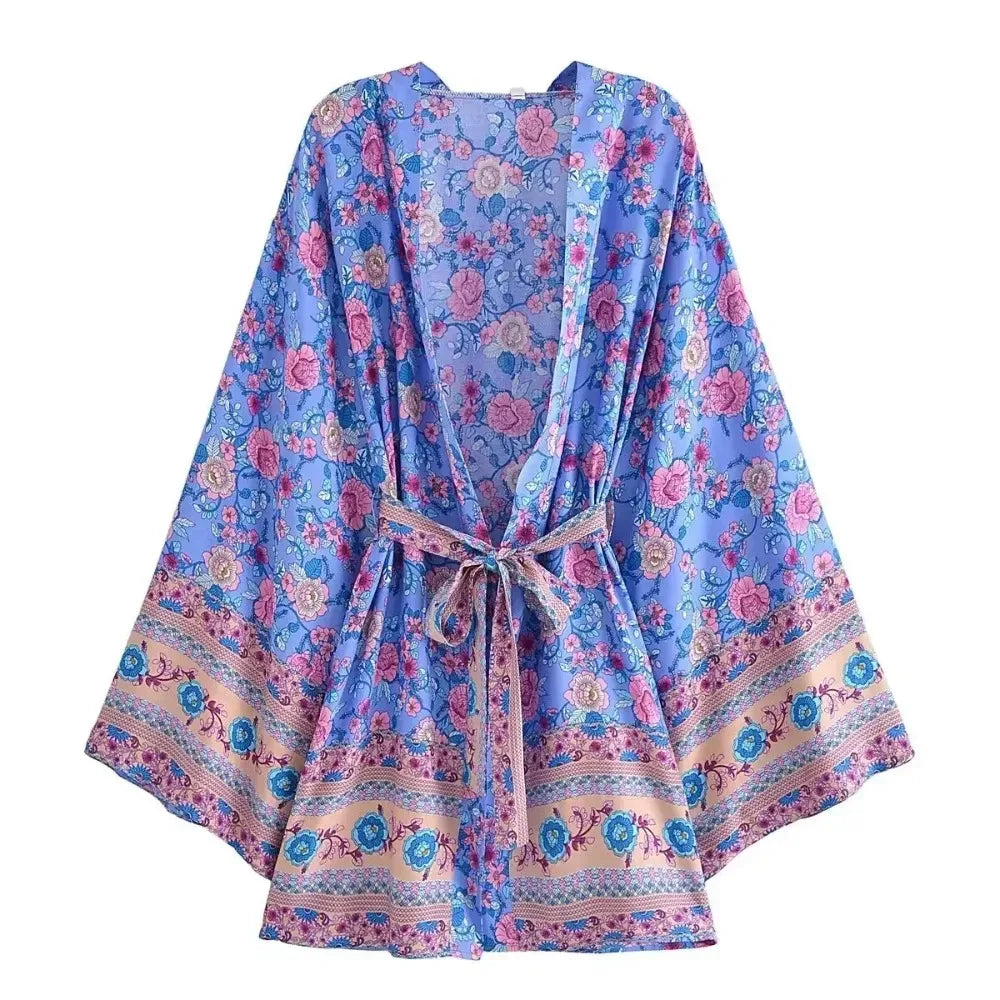 Boho Floral Short Kimono with Waist Tie