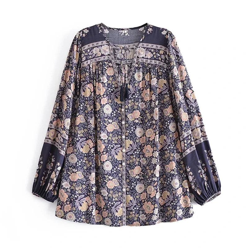 Floral Tassel V-Neck Boho Blouse