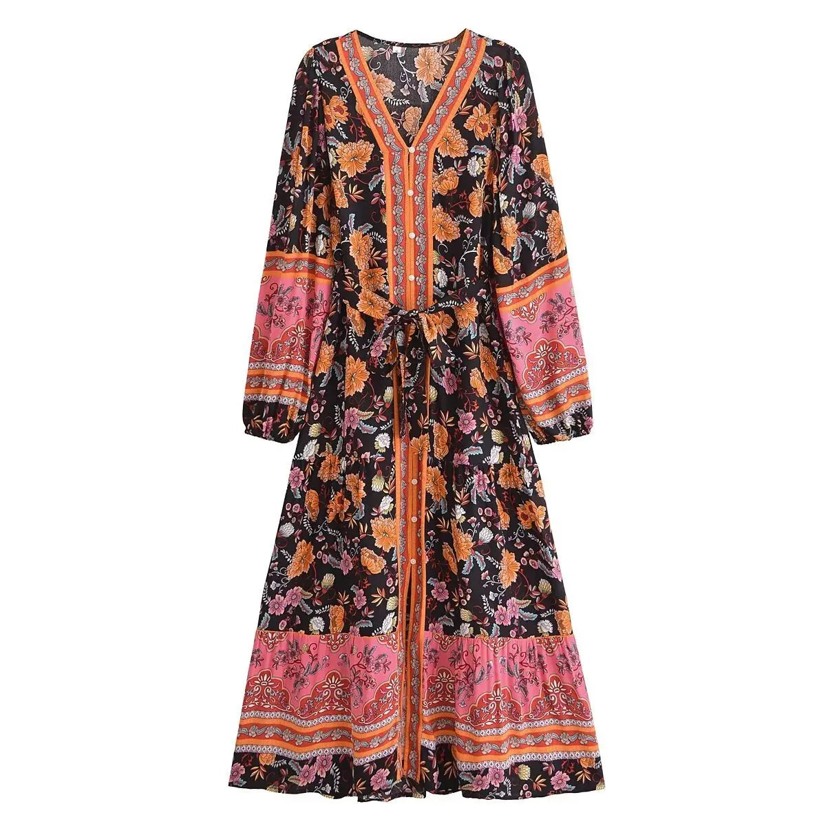 Floral Print Boho Maxi Dress – Long Sleeve Button Front