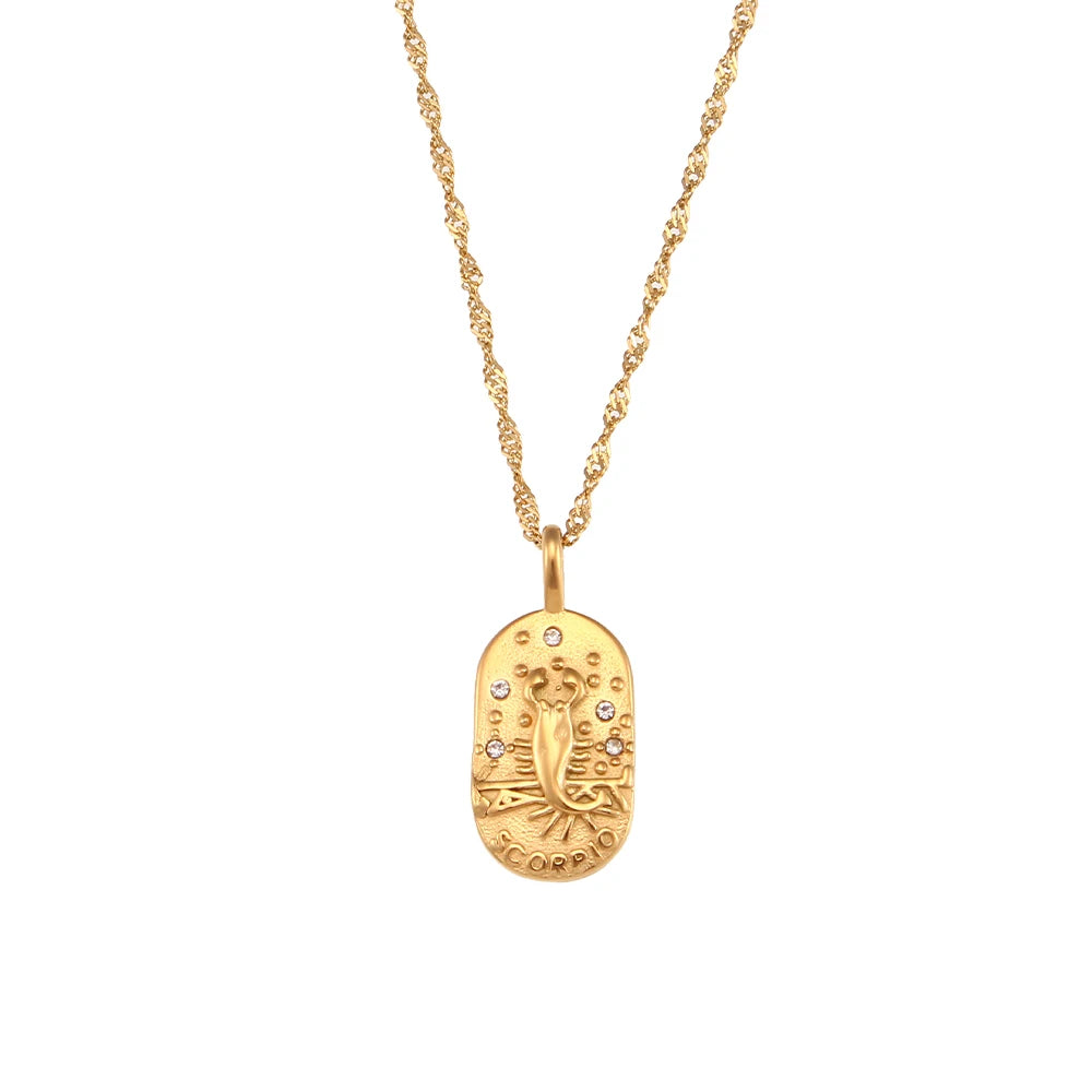 Zodiac Tag Pendant Necklace — 18K Gold Embossed Star Sign