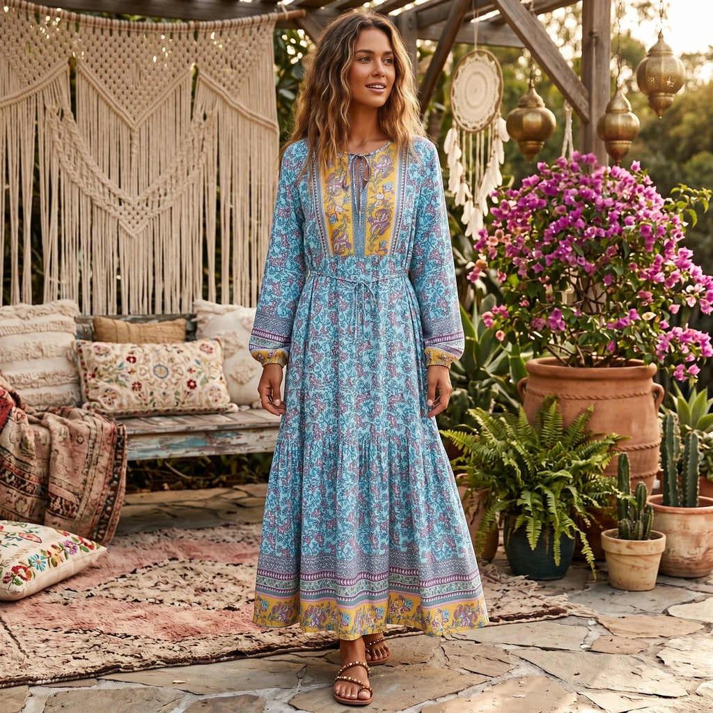 Boho Floral Maxi Dress with Long Sleeves