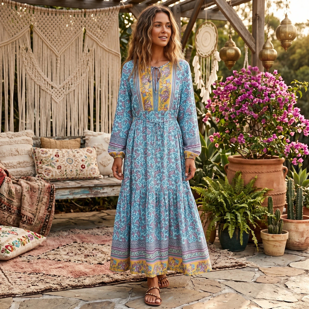 Boho Floral Maxi Dress with Long Sleeves