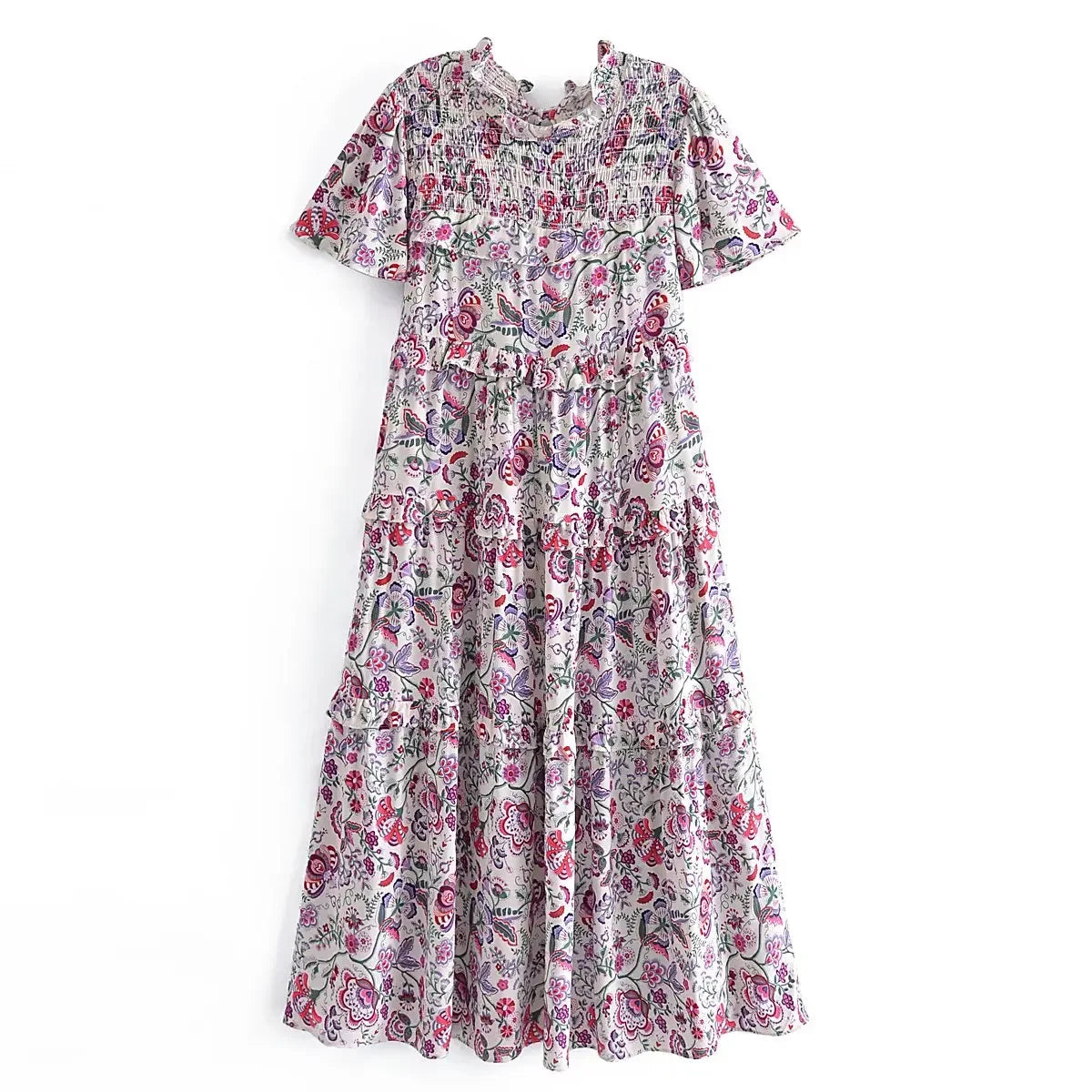 Ruffled Floral Boho Midi Dress