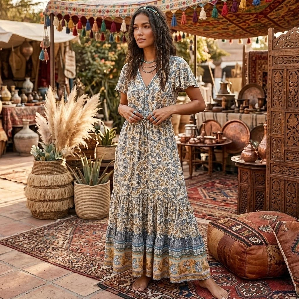 Boho Floral Tassel Maxi Dress