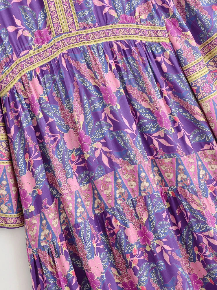 Purple Bohemian Floral V-Neck Maxi Dress