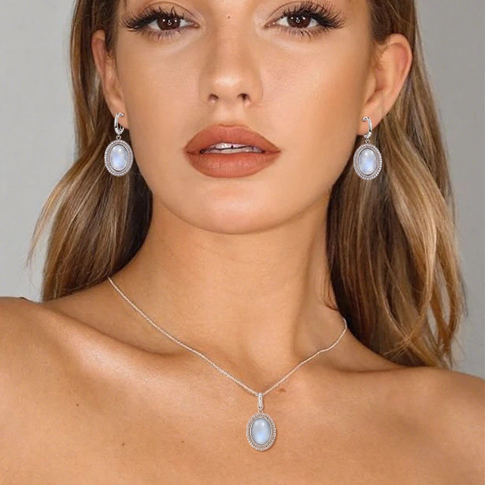 Moonstone Earrings & Necklace Set – 925 Sterling Silver with Crystal Halo