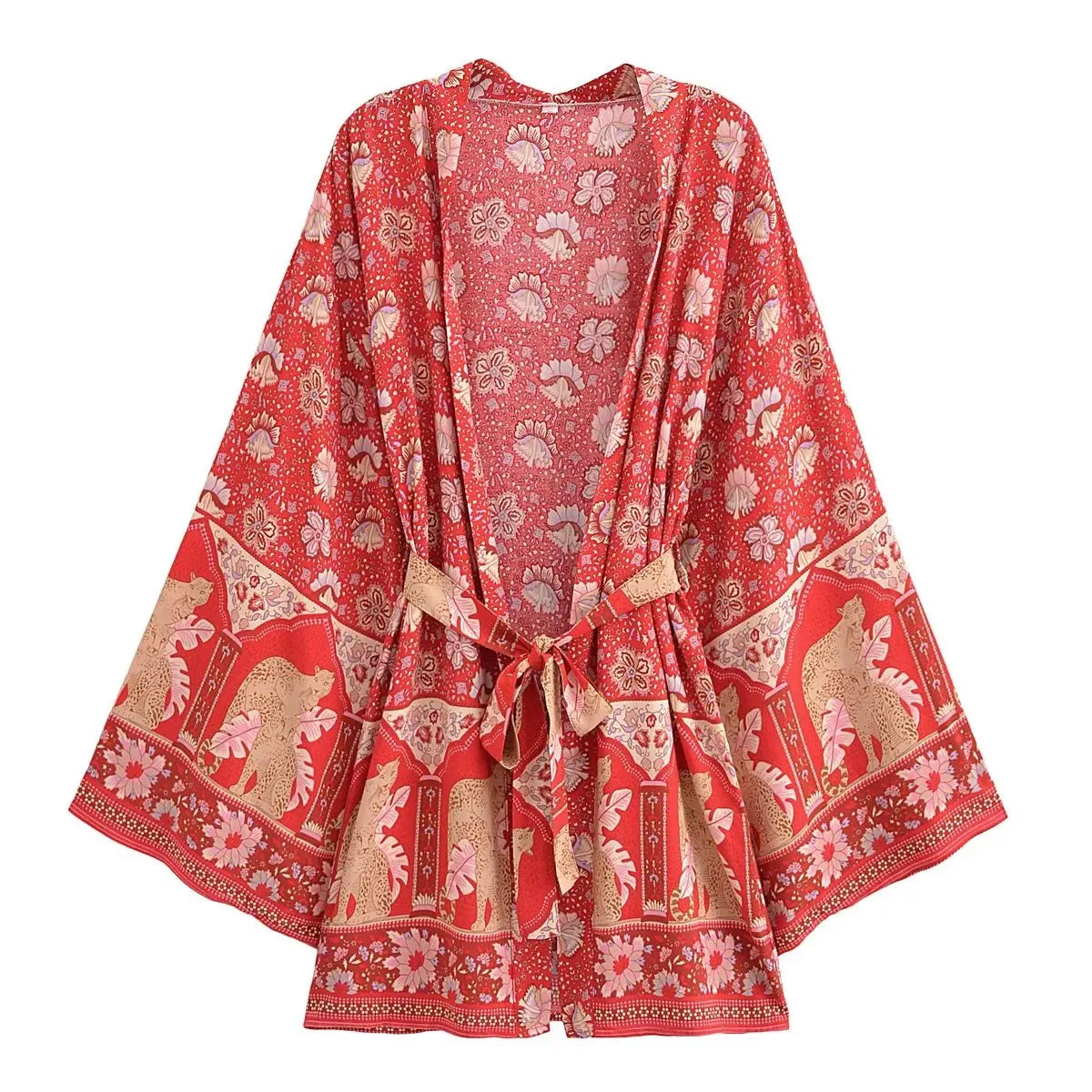Floral Bat-Sleeve Kimono Robe with Tassel Belt