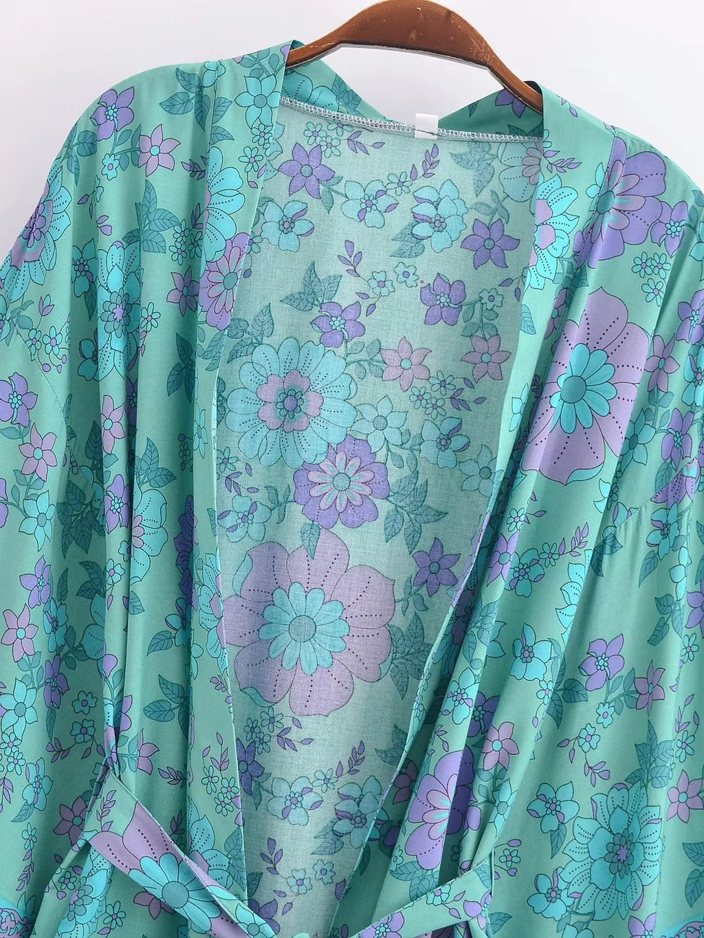 Floral Bat-Sleeve Kimono Robe with Tassel Belt