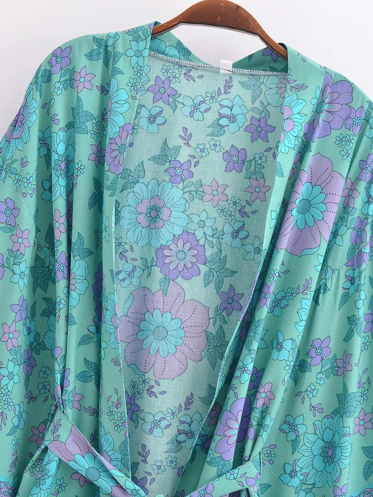 Floral Bat-Sleeve Kimono Robe with Tassel Belt