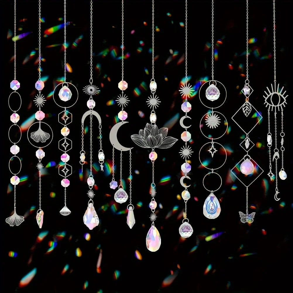 Crystal Lotus Suncatcher Set | 10 Hanging Rainbow Prism Pendants for Windows