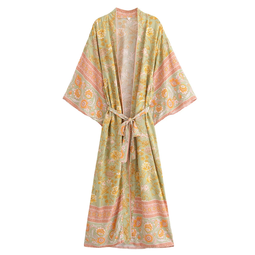 Vintage Floral Sash Kimono Maxi Robe