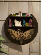 Round Moon Wall Shelf – 3-Tier Black Wooden Crystal Display