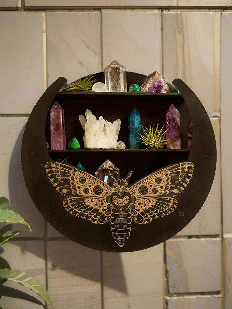Round Moon Wall Shelf – 3-Tier Black Wooden Crystal Display