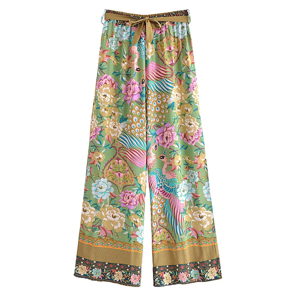 Peacock Floral Kimono & Wide-Leg Pants Set